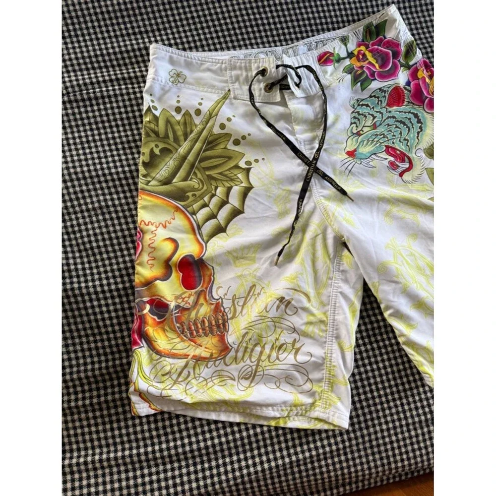 Christian Audigier Tattoo-Print Ed Hardy Board Shorts with Skull/Tiger Y2K! 💀